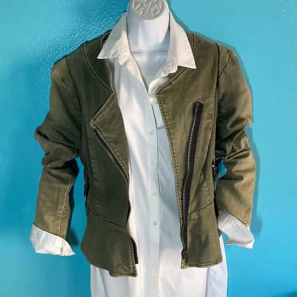 Free People Sz 8 Military Utility Jacket Peplum Cotton Stretch Asymmetrical Zip